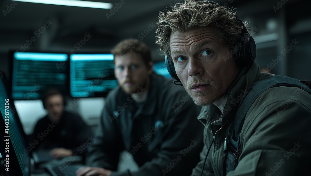 An engineer operates on various screens, analyzes network security, and coordinates event management. A cybersecurity analyst tracks threats, resolves incidents, identifies anomalies, responds to An engineer operates on various screens, analyzes network security, and coordinates event management. A cybersecurity analyst tracks threats, resolves incidents, identifies anomalies, responds to