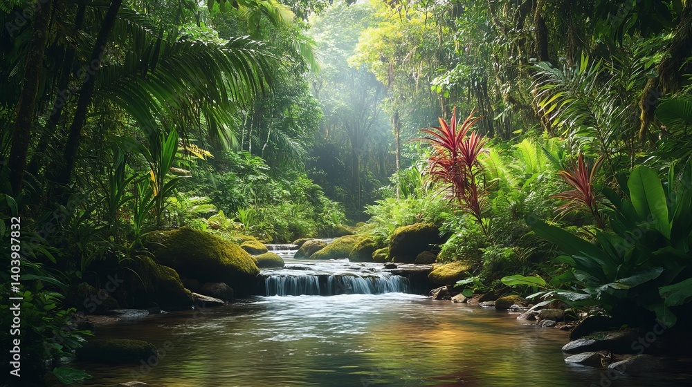 Fototapeta premium Serene tropical rainforest river landscape with lush green vegetation calm moss view water trees