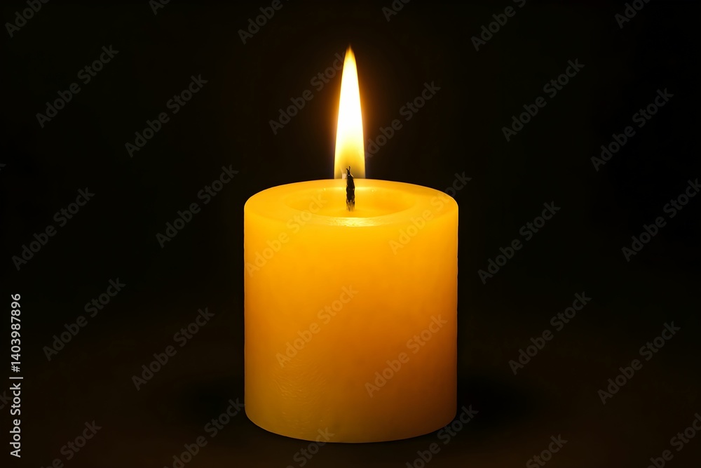 Bright yellow candle emits warm light in dark setting, creating a serene and calming atmosphere Bright yellow candle emits warm light in dark setting, creating a serene and calming atmosphere