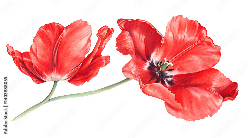 Naklejka premium Two Red Tulips in Artistic Watercolor Style