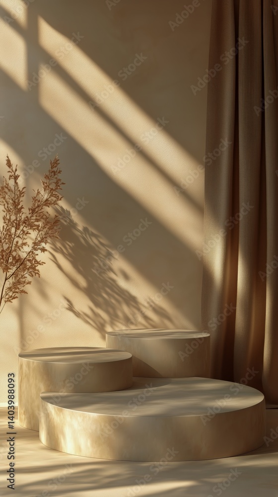 Textured Circular Seating and Dried Plant Arrangement in a Softly Lit Indoor Space Textured Circular Seating and Dried Plant Arrangement in a Softly Lit Indoor Space