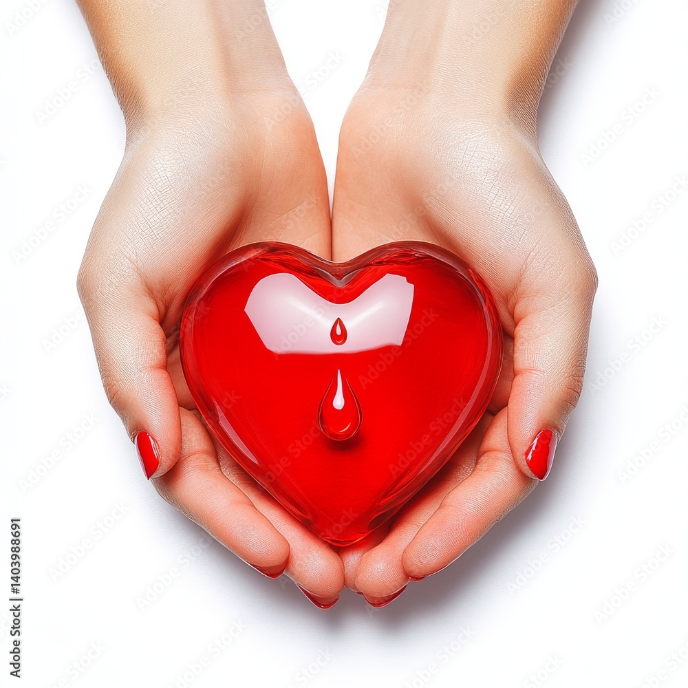 Fototapeta premium Fingers shaped into a heart, encasing a drop of blood in the middle