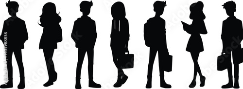 Vector silhouettes of men and a woman, a group of standing and walking business people, black color isolated on white background