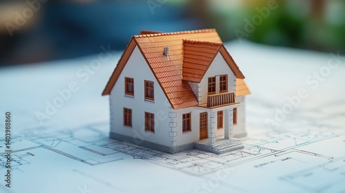 Miniature house model sits atop architectural blueprints.