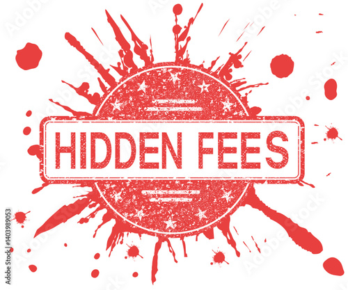 A red round stamp with a grunge texture and the text "hidden fees". On a transparent background