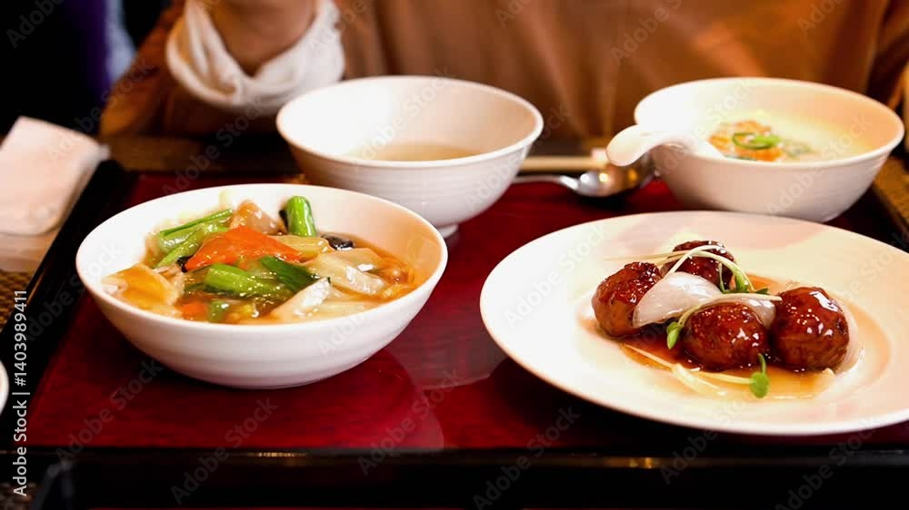 高齢の母親と一緒にフライドチキン、酢豚、エビのチリソース炒めなどの中華ランチを楽しむ50代の女性 高齢の母親と一緒にフライドチキン、酢豚、エビのチリソース炒めなどの中華ランチを楽しむ50代の女性