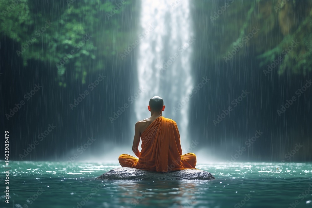 Meditation by a Serene Waterfall in a Lush Forest Setting During Daylight Meditation by a Serene Waterfall in a Lush Forest Setting During Daylight