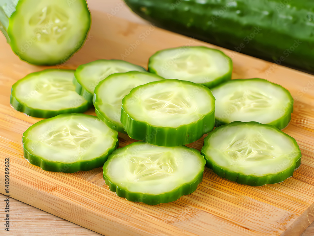 Fresh Cucumber Slices on Cutting Board Fresh Cucumber Slices on Cutting Board