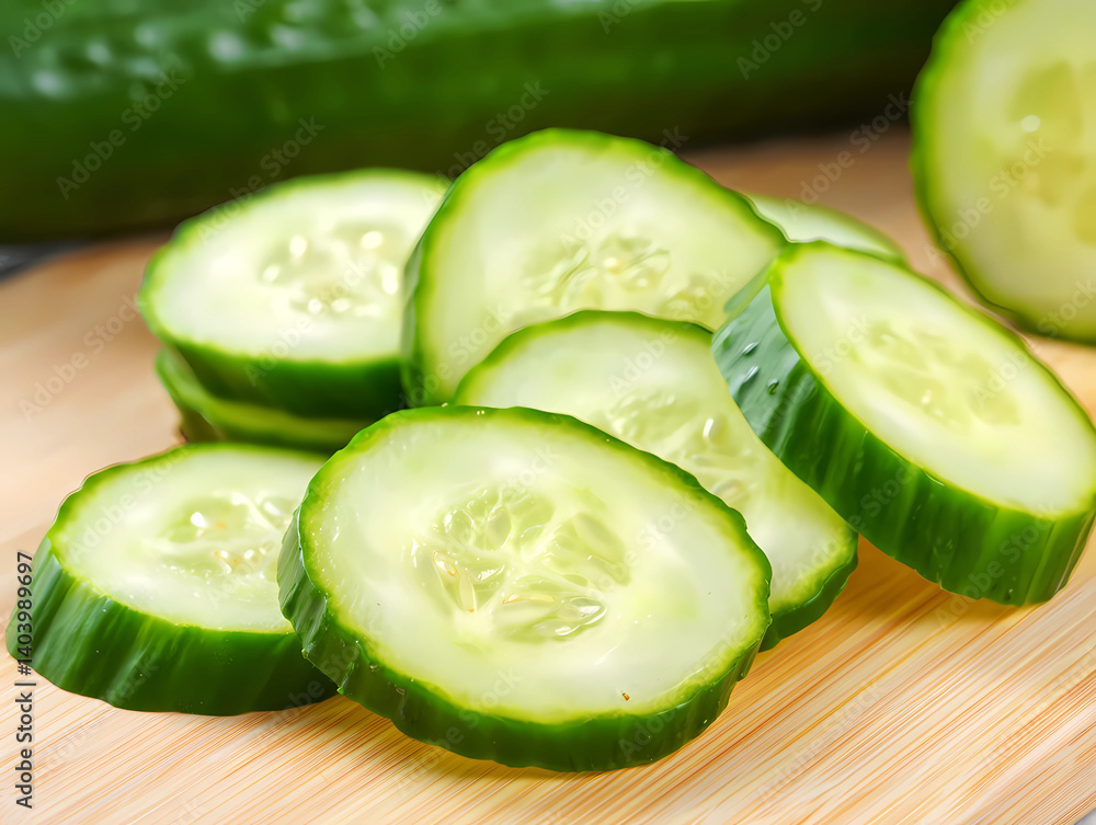 Fresh Cucumber Slices on Cutting Board Fresh Cucumber Slices on Cutting Board