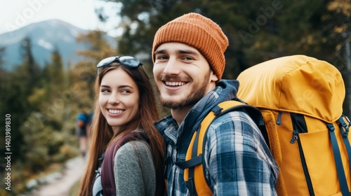 Couple man and woman enjoying mountains and fjord landscape, active family ad...