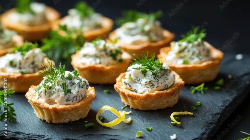 Golden tartlets filled with smoked mackerel mousse and topped with herbs, styled on slate with moody light and elegant textures. A refined and rustic savory appetizer scene. Golden tartlets filled with smoked mackerel mousse and topped with herbs, styled on slate with moody light and elegant textures. A refined and rustic savory appetizer scene.