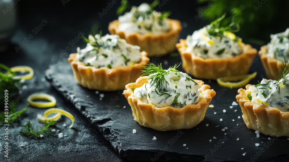 Golden tartlets filled with smoked mackerel mousse and topped with herbs, styled on slate with moody light and elegant textures. A refined and rustic savory appetizer scene. Golden tartlets filled with smoked mackerel mousse and topped with herbs, styled on slate with moody light and elegant textures. A refined and rustic savory appetizer scene.