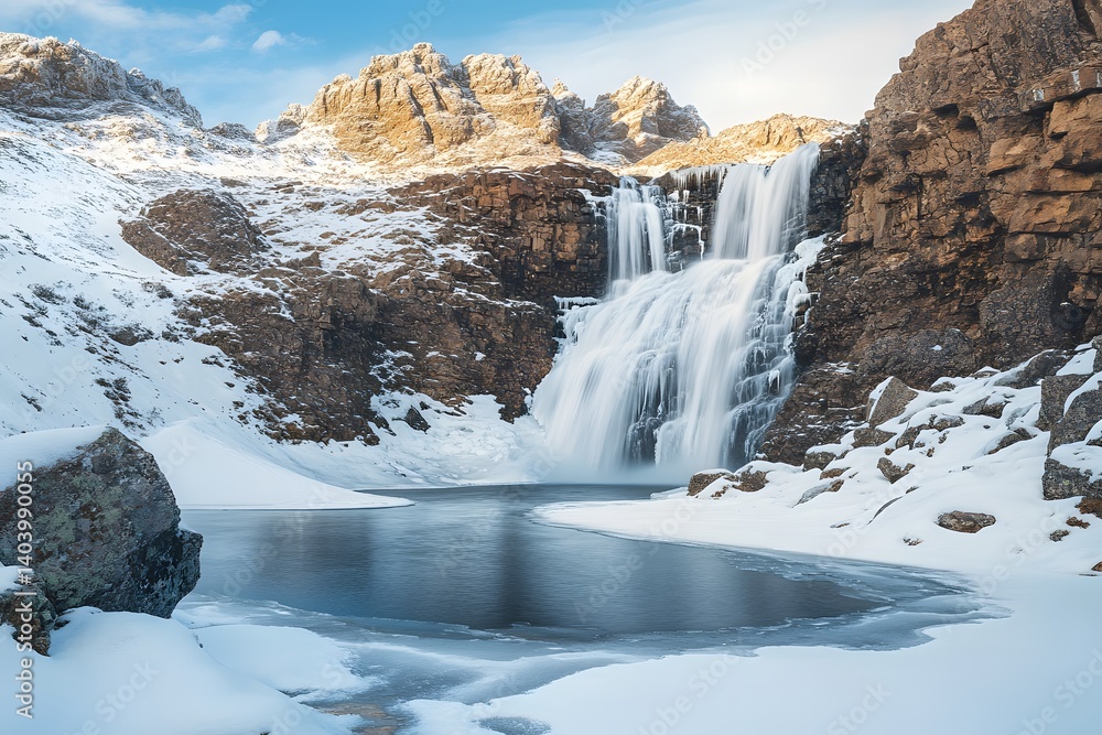 A winter landscape featuring a waterfall flowing into a frozen pool surrounded by snowy mountains A winter landscape featuring a waterfall flowing into a frozen pool surrounded by snowy mountains