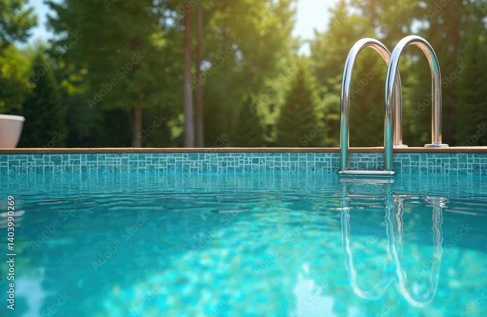 Swimming pool with metal frame in garden. Water surface with ladder reflects green trees. Clear blue water, sunny weather perfect relax. Concept summer holidays.