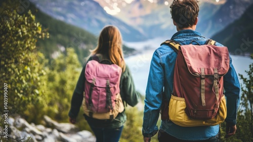 Couple man and woman enjoying mountains and fjord landscape, active family ad...