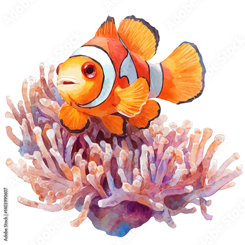 Clownfish Hiding In Anemones, watercolor vector, isolated on a white background.