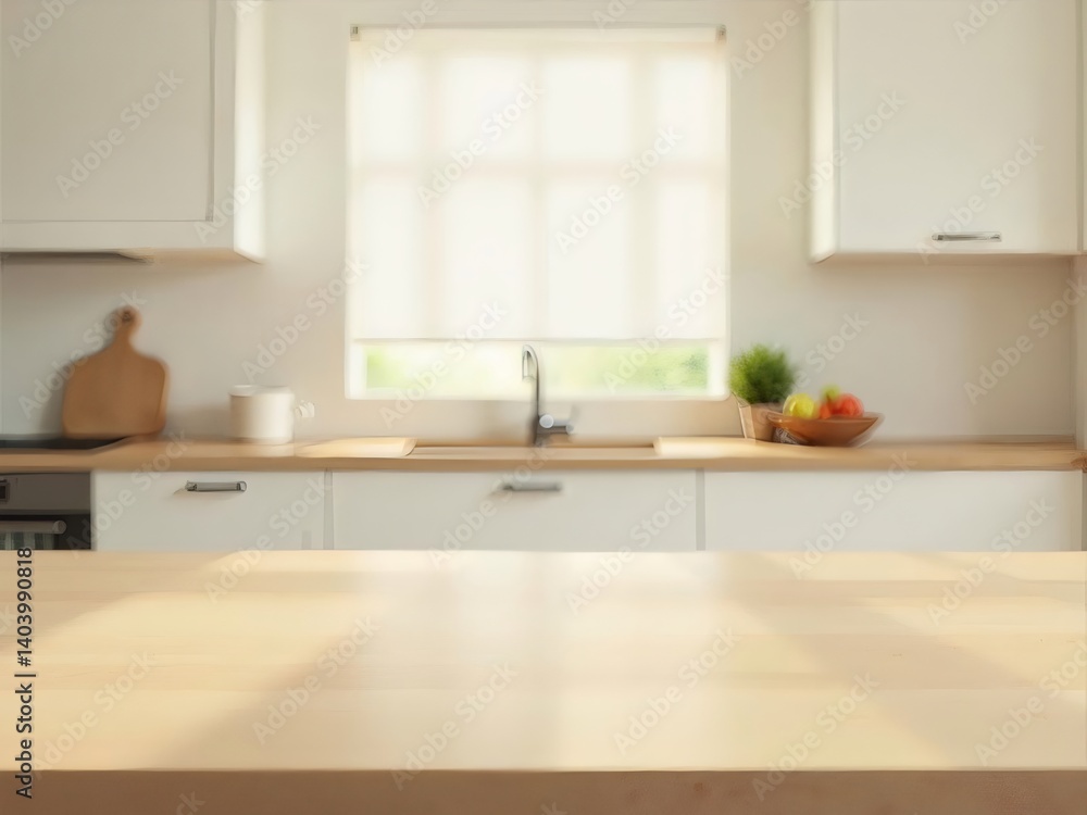 Bright Sunny Kitchen Interior with Wooden Countertop and Blurred Background Bright Sunny Kitchen Interior with Wooden Countertop and Blurred Background