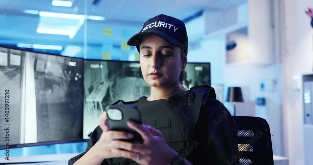 Security guard, surveillance and woman with phone for cctv app, text and typing at night. Officer, monitor station and technology in control room with footage for safety, watch video and protection Security guard, surveillance and woman with phone for cctv app, text and typing at night. Officer, monitor station and technology in control room with footage for safety, watch video and protection