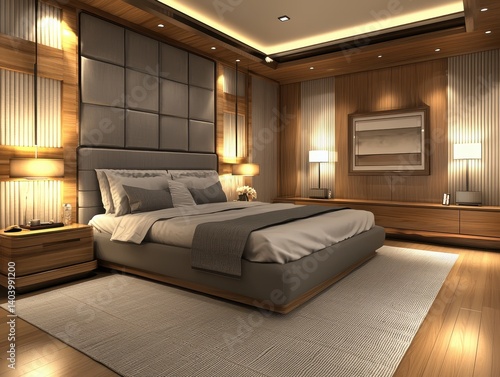 Luxurious bedroom interior featuring a large upholstered headboard, warm wood accents, and soft lighting, creating a relaxing ambiance.