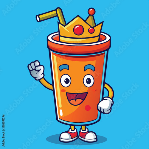 Cartoon Juice Cup With Crown Waving Hello Isolated On Blue Background