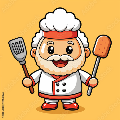 Cartoon Chef Character Holding Spatula And Turner On Yellow Background Illustration