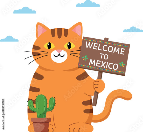 Orange tabby cat holding a welcome sign in minimal flat vector illustration