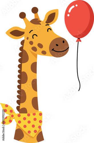 Cheerful giraffe holding a red balloon with a playful expression in flat vector art