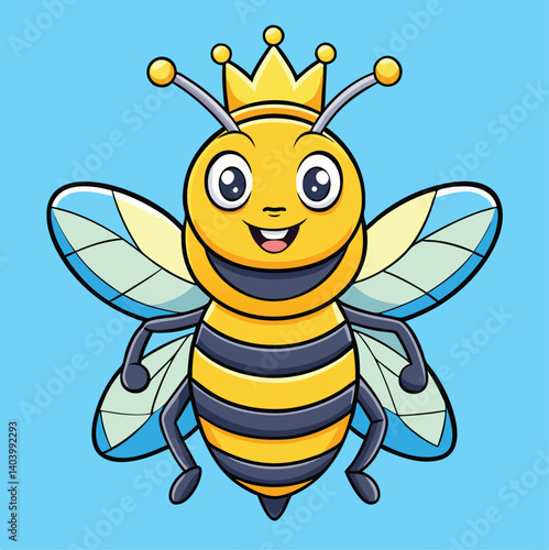 Cartoon Bee Wearing A Crown On A Light Blue Background Illustration