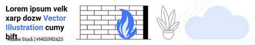 Brick wall with blue flame, potted plant, and cloud combining themes of protection, nature, and digital connectivity. Ideal for cybersecurity, eco-technology, innovation, nature cloud solutions IT