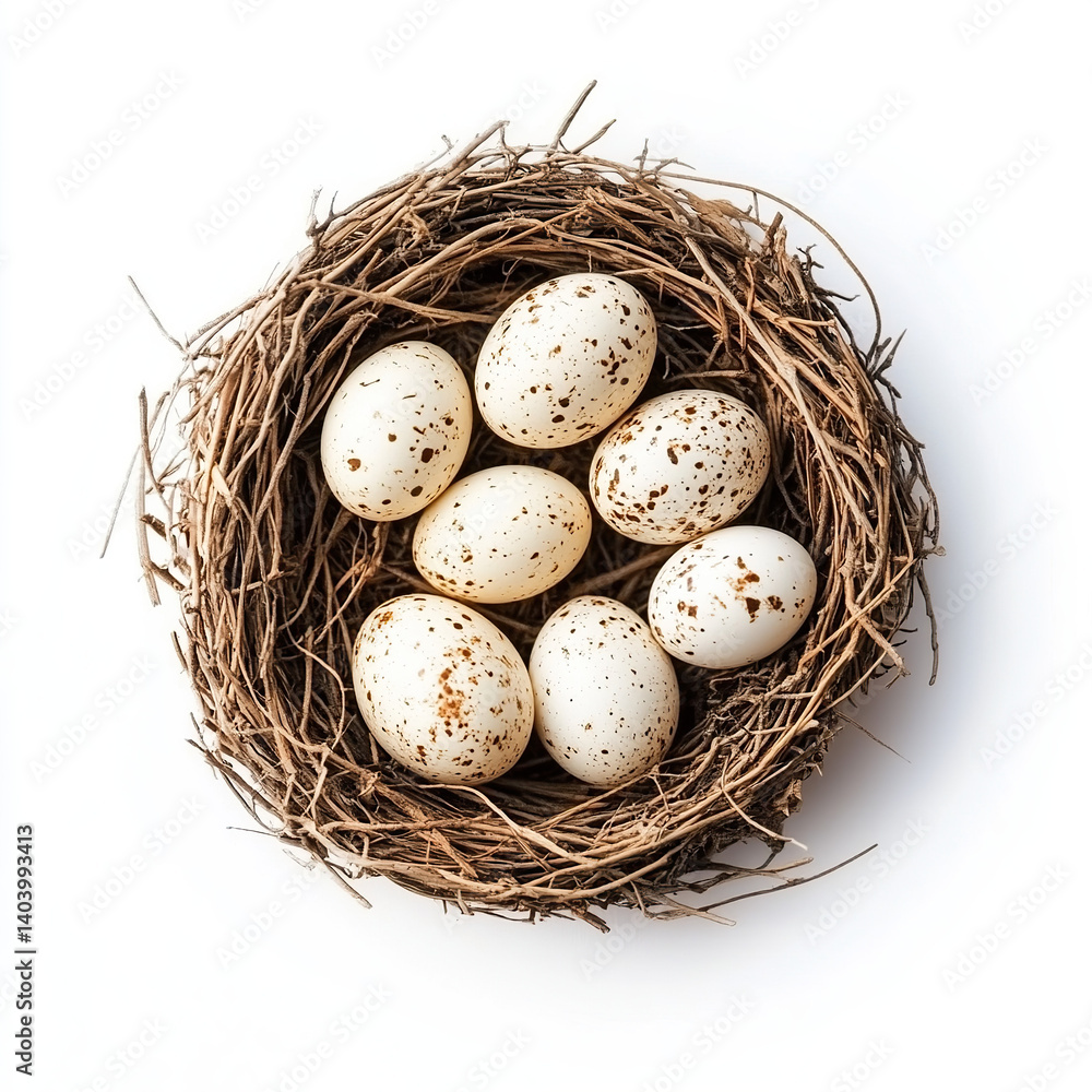 eggs, bird nest, speckled eggs, quail eggs on white background eggs, bird nest, speckled eggs, quail eggs on white background