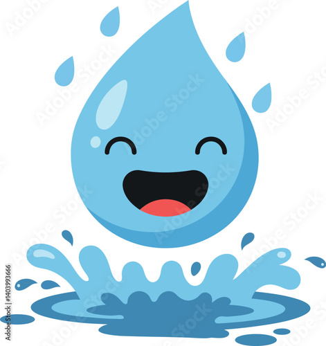 Cheerful blue water droplet with a smiling face and splash in a flat vector illustration