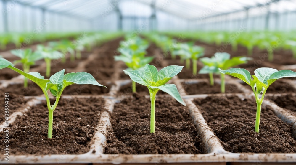 Young plants in trays, greenhouse setting Young plants in trays, greenhouse setting