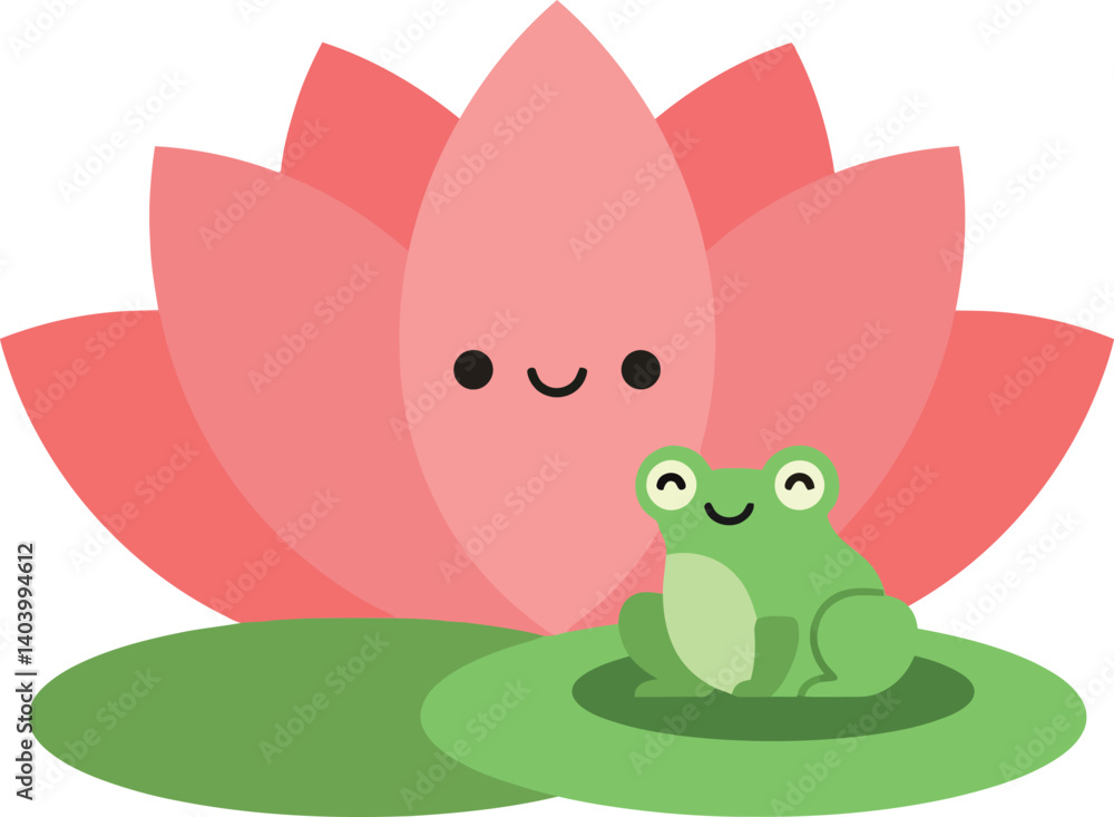 Obraz premium Happy frog sitting beside a cheerful pink lotus flower in a flat vector illustration