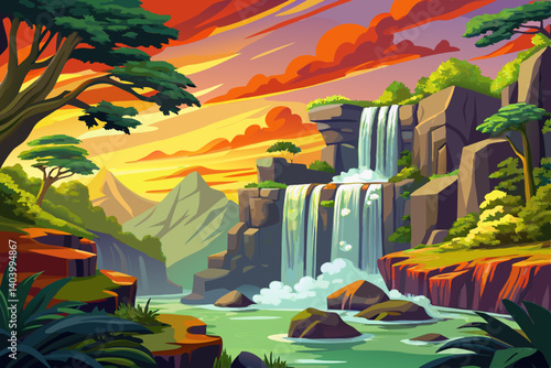 Jungle waterfall cascade in tropical rainforest with rock and turquoise blue pond at sunset time vector illustration