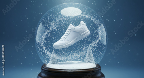 A white sneaker levitates within a snow globe, evoking a winter wonderland and modern style.