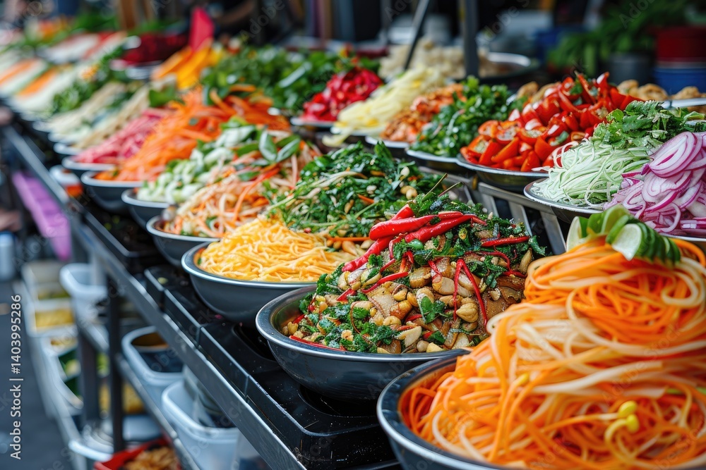 Obraz premium A Vibrant Display of Freshly Chopped Vegetables in Bowls at a Market Stall