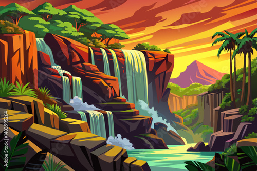 Jungle waterfall cascade in tropical rainforest with rock and turquoise blue pond at sunset time vector illustration