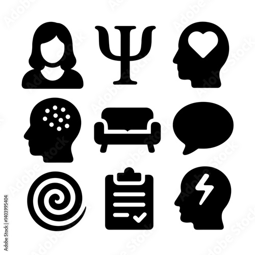 psychologist icons Collection of black psychology vector icons including therapist, mind, emotions, therapy couch, psychology symbol, mental health, clipboard checklist, and thought symbols on white