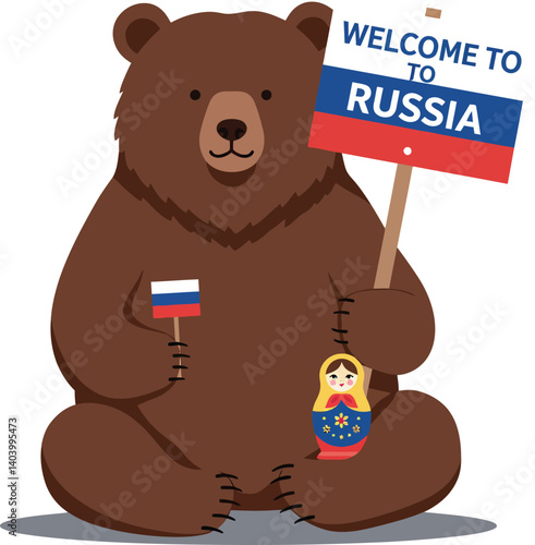 Brown bear holding a sign and a nesting doll in flat vector art style
