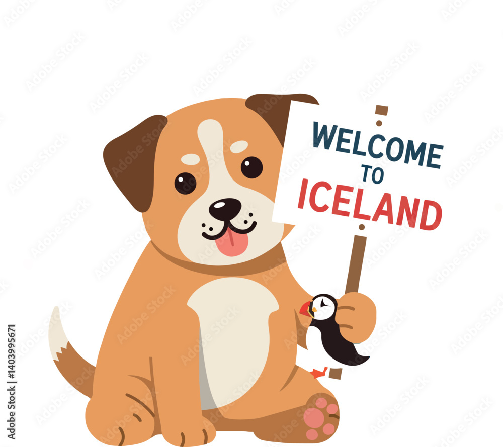 Fototapeta premium Cute puppy holding a sign that says Welcome to Iceland in flat vector art