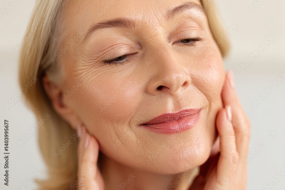 Senior woman gently touching face exhibiting healthy, glowing skin Senior woman gently touching face exhibiting healthy, glowing skin