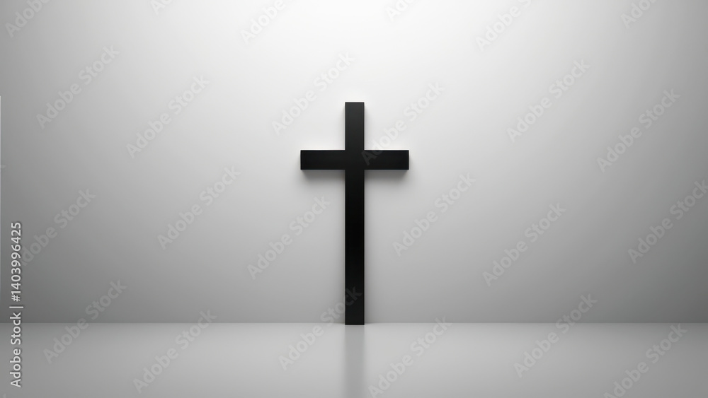 Naklejka premium Cross silhouette with a light beam coming from above, creating an ethereal atmosphere against a gray background.