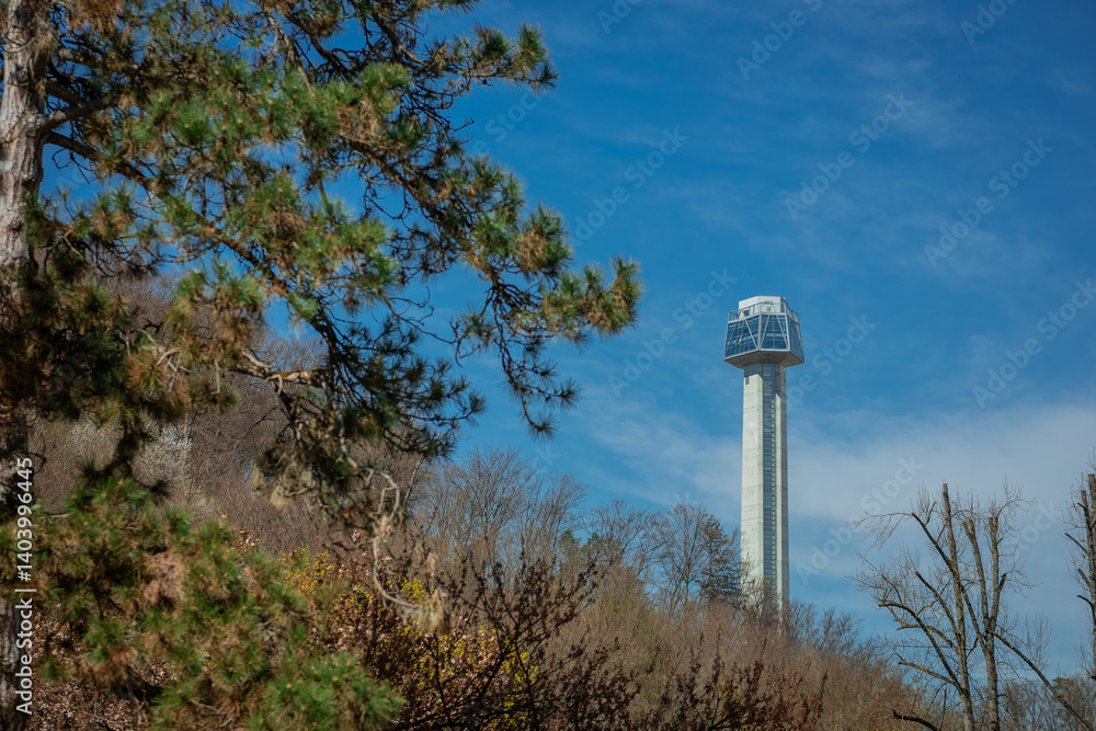 Concrete observation tower with glass top in the centre of Rogaska Slatina, used for tourists to get a great overhead view of the nice countryside. Crystal tower in Rogaska