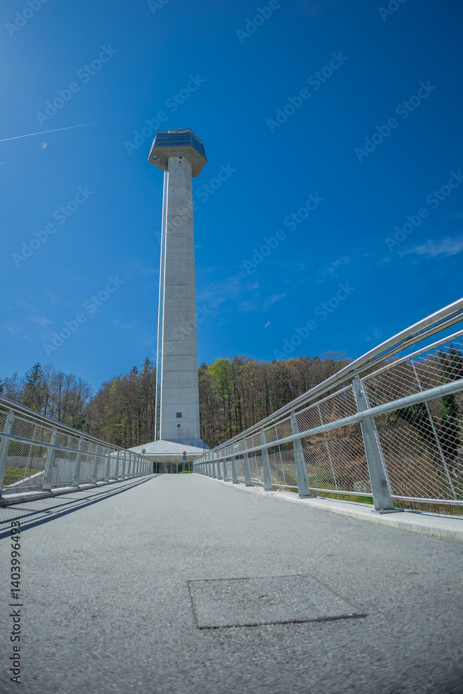 Concrete observation tower with glass top in the centre of Rogaska Slatina, used for tourists to get a great overhead view of the nice countryside. Crystal tower in Rogaska