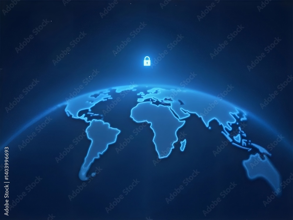 Digital Illuminated Earth Globe with a Glowing Lock Symbol Representing Global Cybersecurity in Blue Space Digital Illuminated Earth Globe with a Glowing Lock Symbol Representing Global Cybersecurity in Blue Space