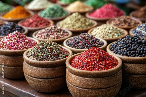Assortment of Colorful Spices in Wooden Bowls on a Wooden Table