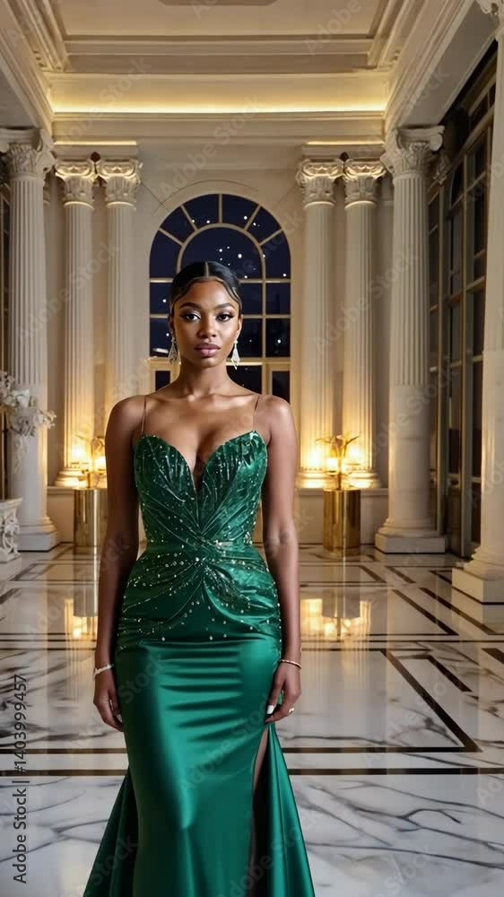 Elegant woman in emerald green gown posing in grand hall with marble ...