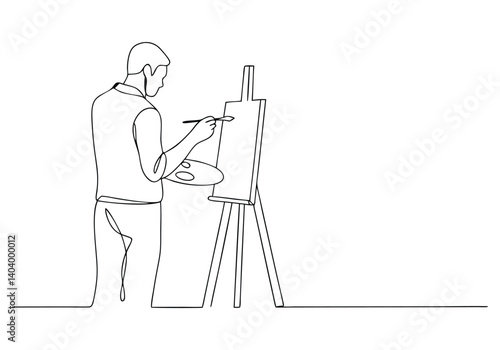 One continuous line drawing of a male painter artist standing and painting artwork on canvas in minimalist style

