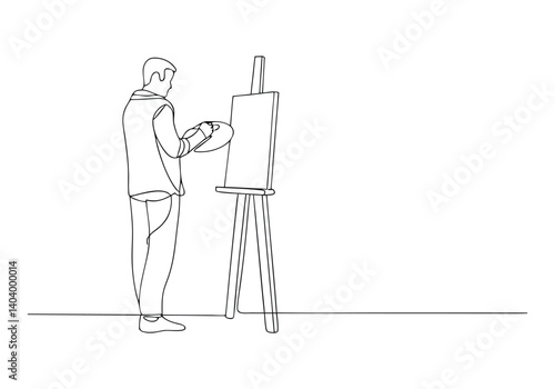 One continuous line drawing of a male painter artist standing and painting artwork on canvas in minimalist style

