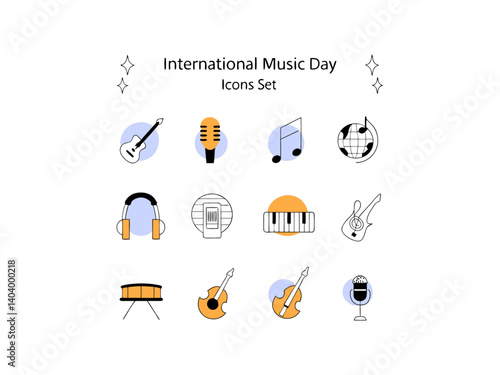 Colorful music icons set for diverse uses. A collection of 16 simple, flat-style icons representing various musical instruments, accessories, and concepts.